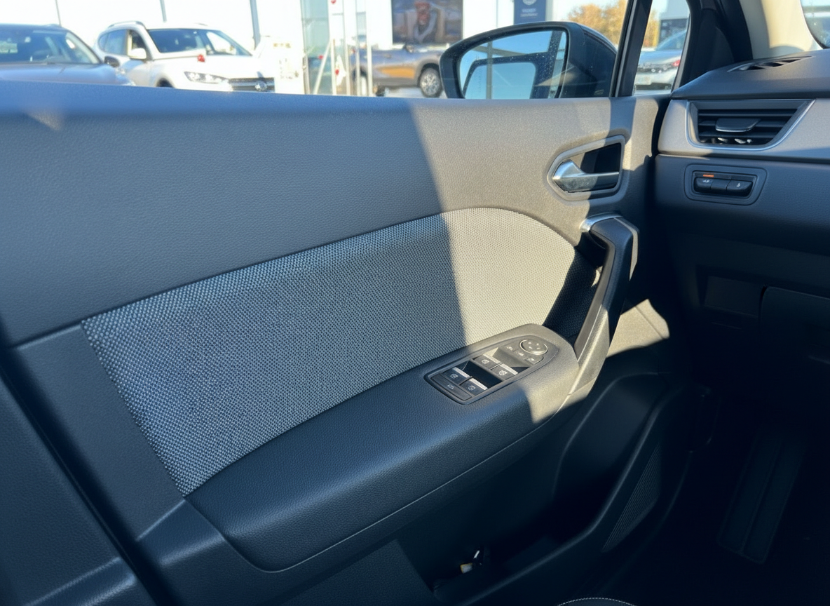 Fahrzeuginnenraum Fahrertür mit Fensterheber und Spiegelverstellung in grau-schwarzem Design