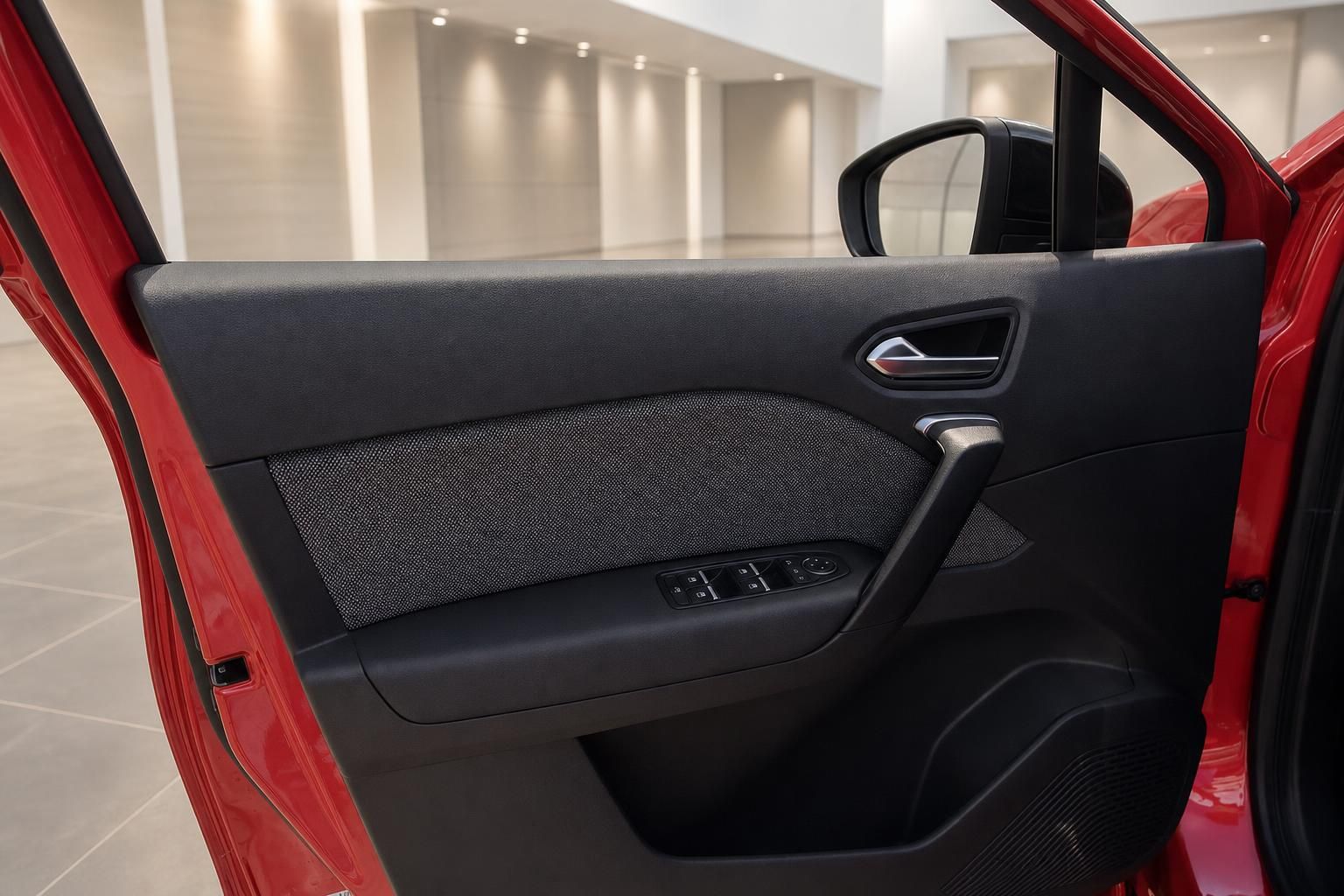 Renault Clio Türverkleidung Fahrerseite – schwarzes Interieur mit Fensterheberschalter in rot