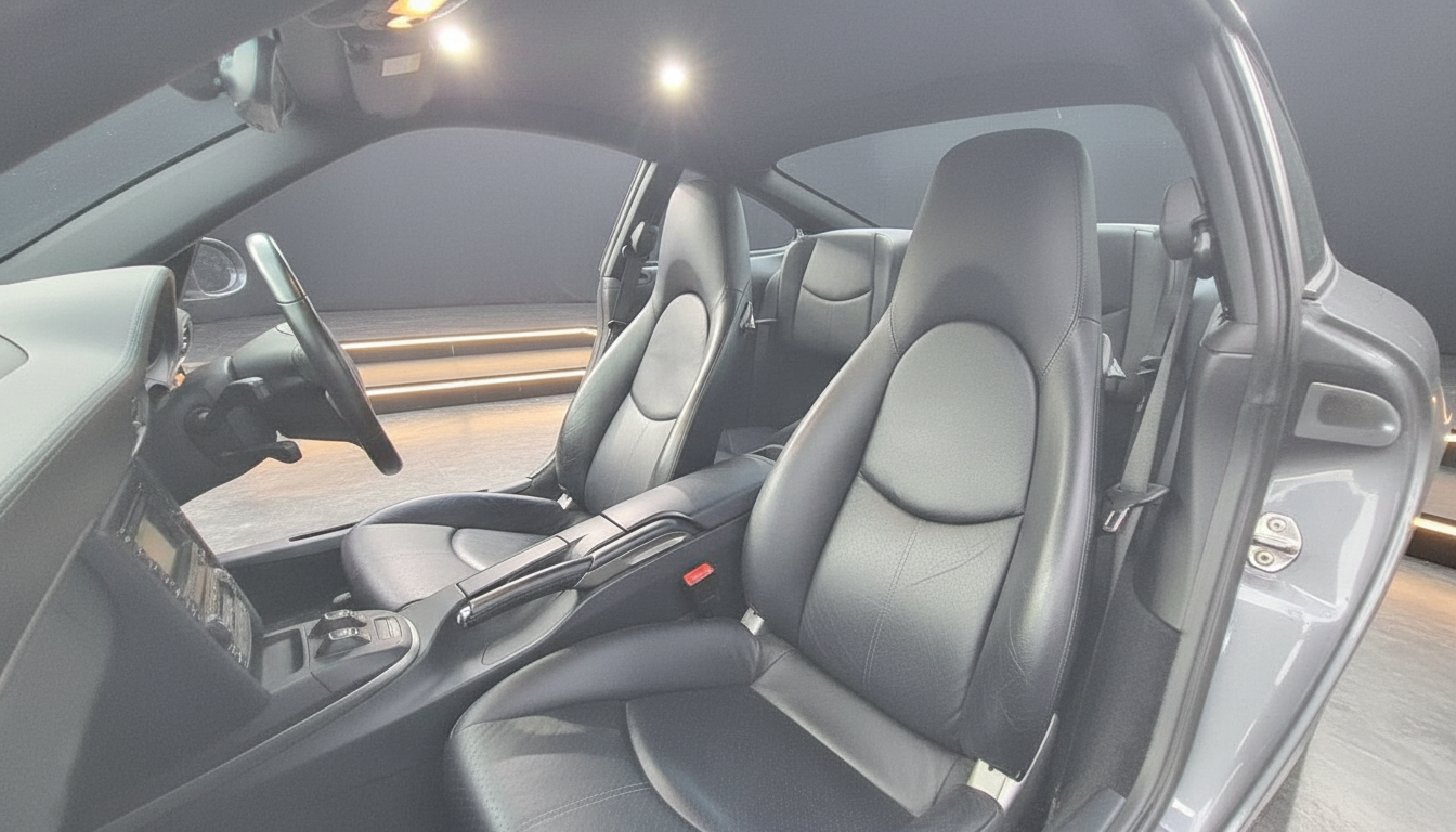 Porsche 911 Innenraum mit schwarzen Ledersitzen und Sportlenkrad