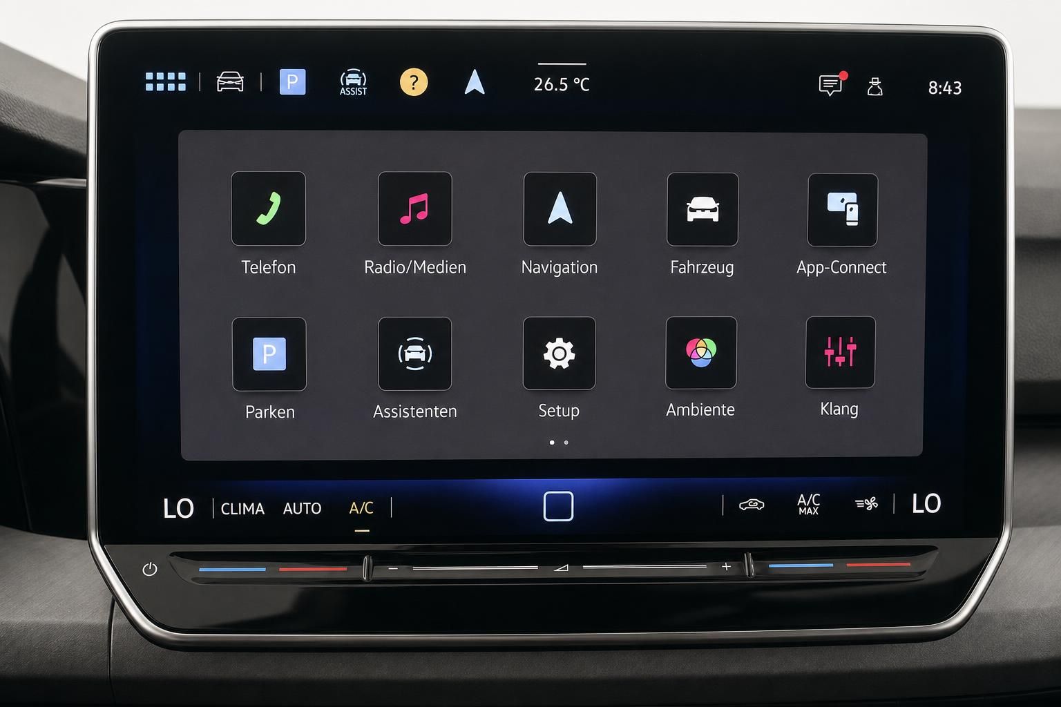 VW Golf Infotainment Touchscreen Menue Ansicht