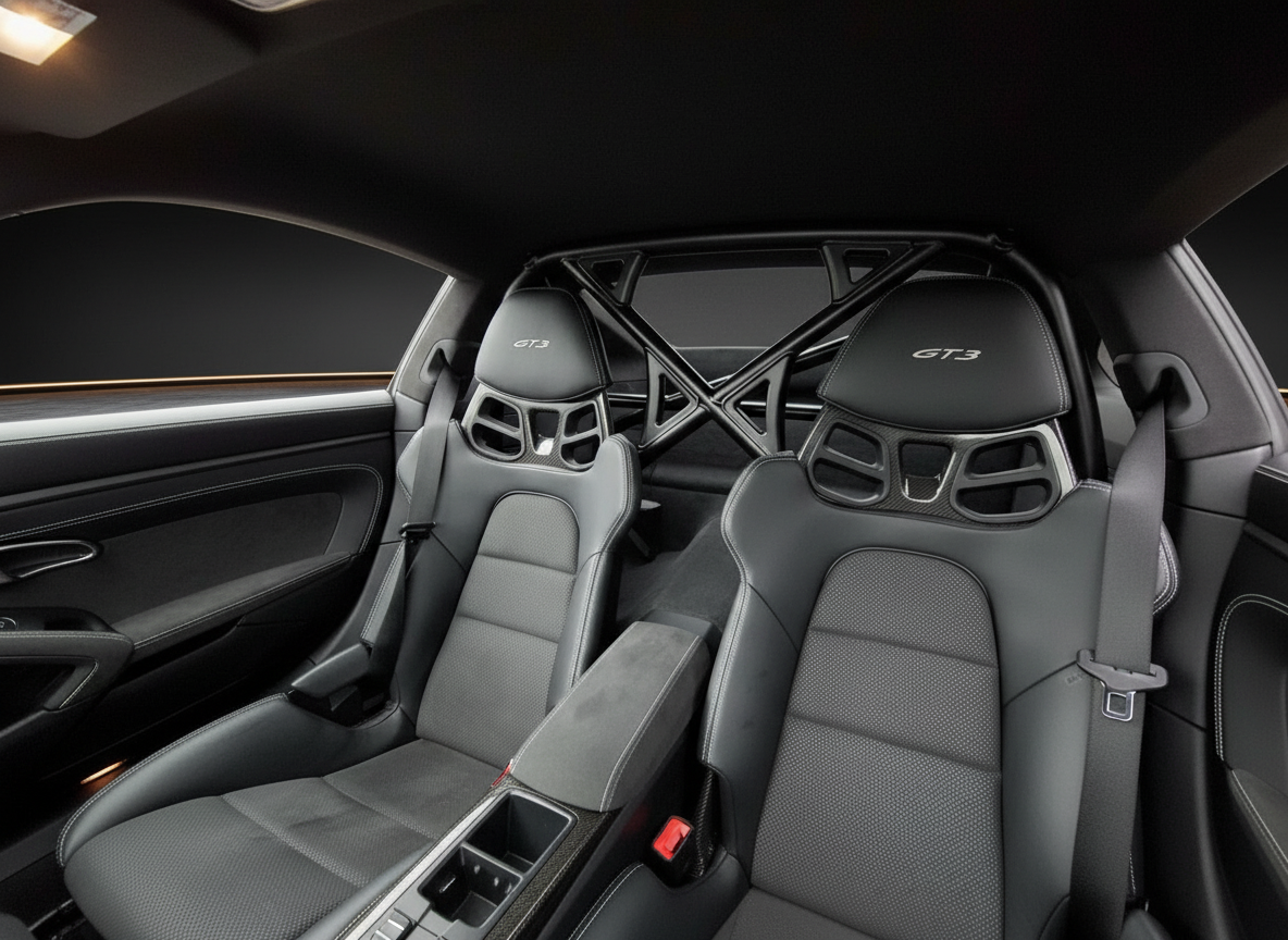 Porsche 911 GT3 Innenraum mit Sportsitzen, GT3-Schriftzug und Überrollkäfig in Schwarz