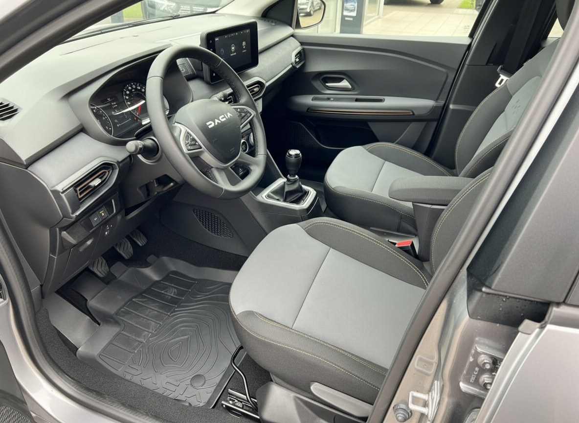 Dacia Innenraum mit Lenkrad, Touchscreen-Display, Schaltgetriebe und grauen Stoffsitzen