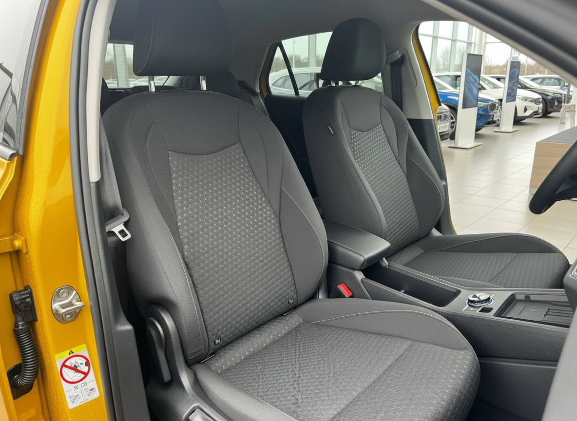 Innenraum eines gelben Fahrzeugs mit schwarzen Stoffsitzen und Mittelkonsole im Autohaus