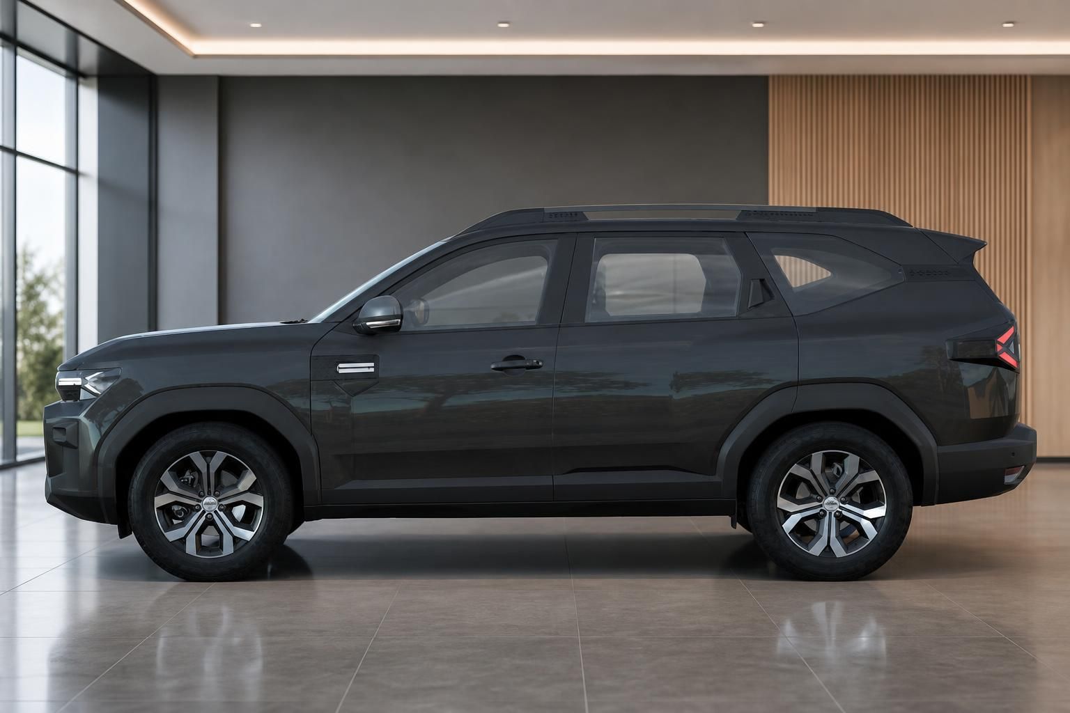 Dacia Bigster SUV in Schwarz, Seitenansicht im Showroom