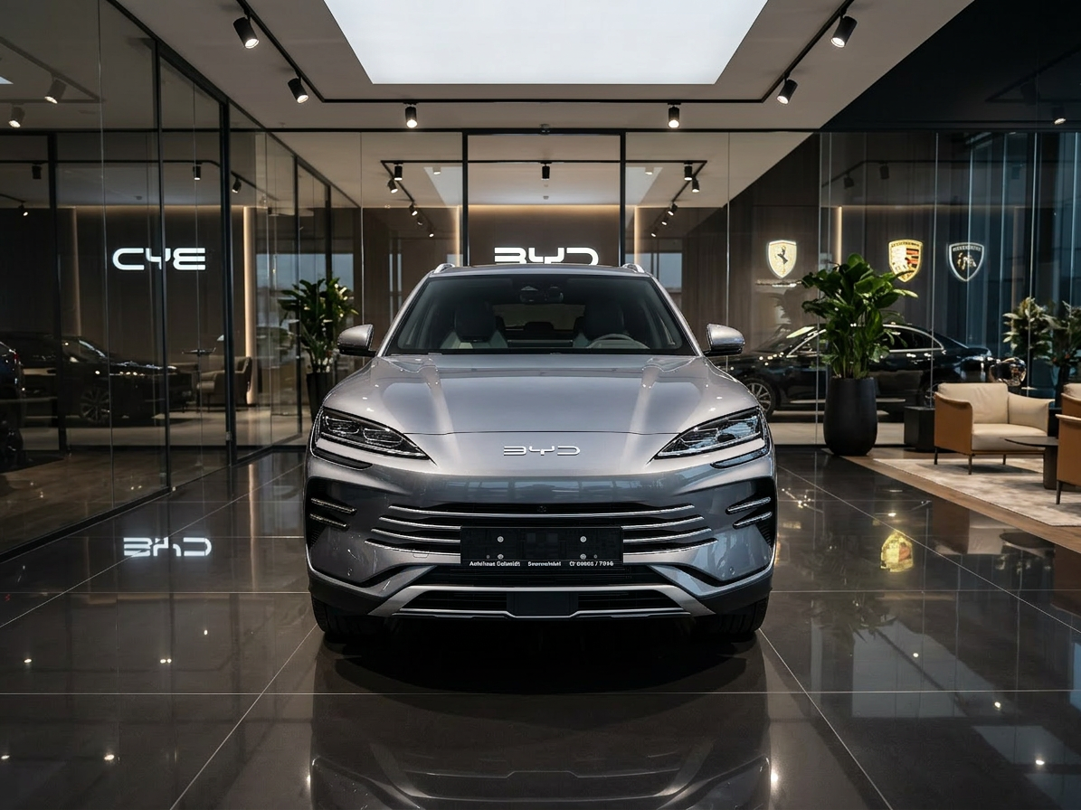 Grauer BYD SUV Frontansicht vor modernem Betongebäude – Autohaus Schmidt Brerowinkel