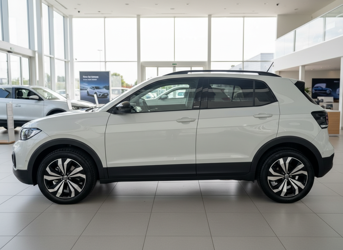 Weißer Volkswagen T-Cross SUV Seitenansicht im Autohaus