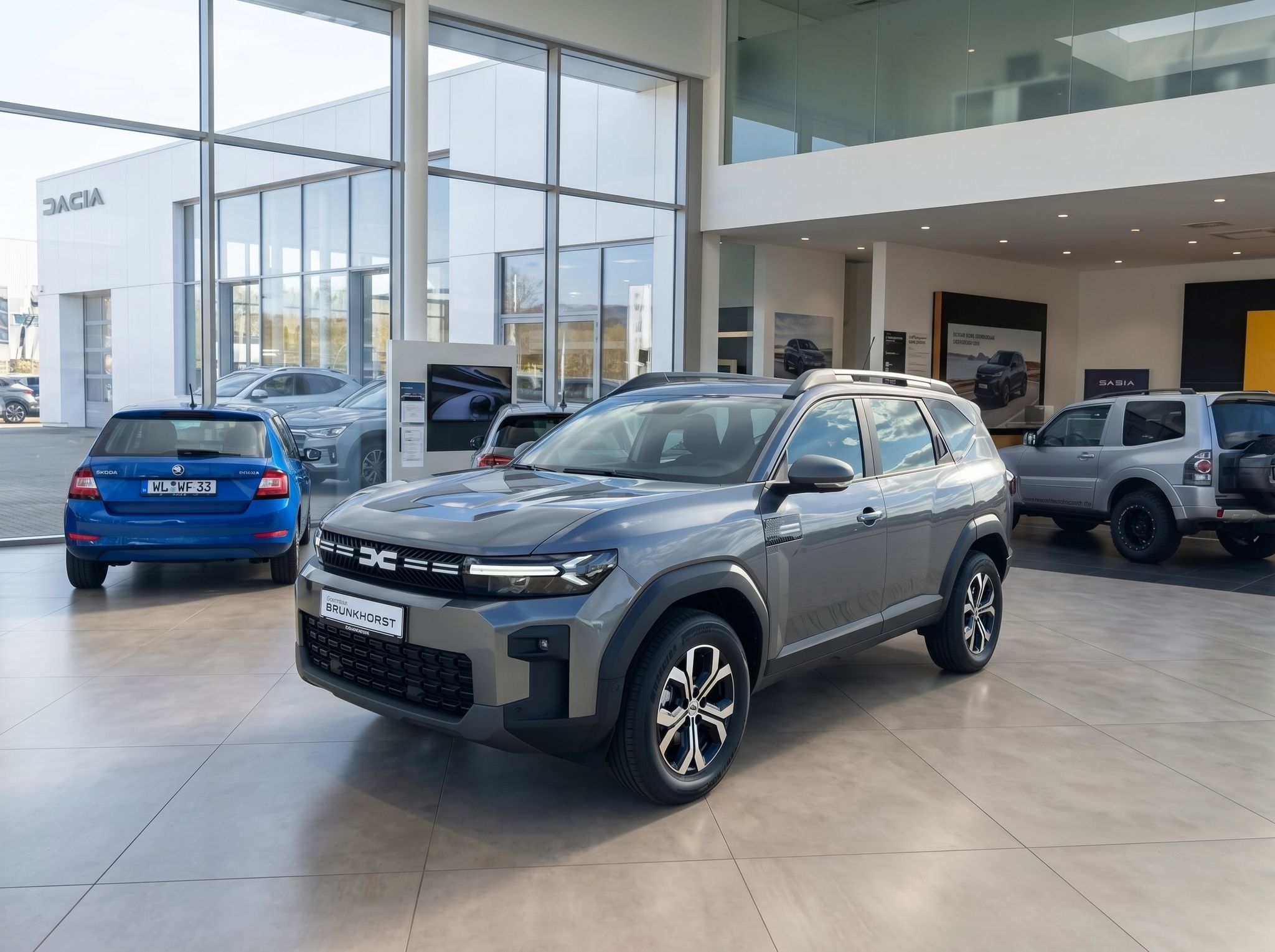 Dacia Bigster SUV grau im Autohaus-Showroom - Frontansicht mit modernem Design und Allradfelgen