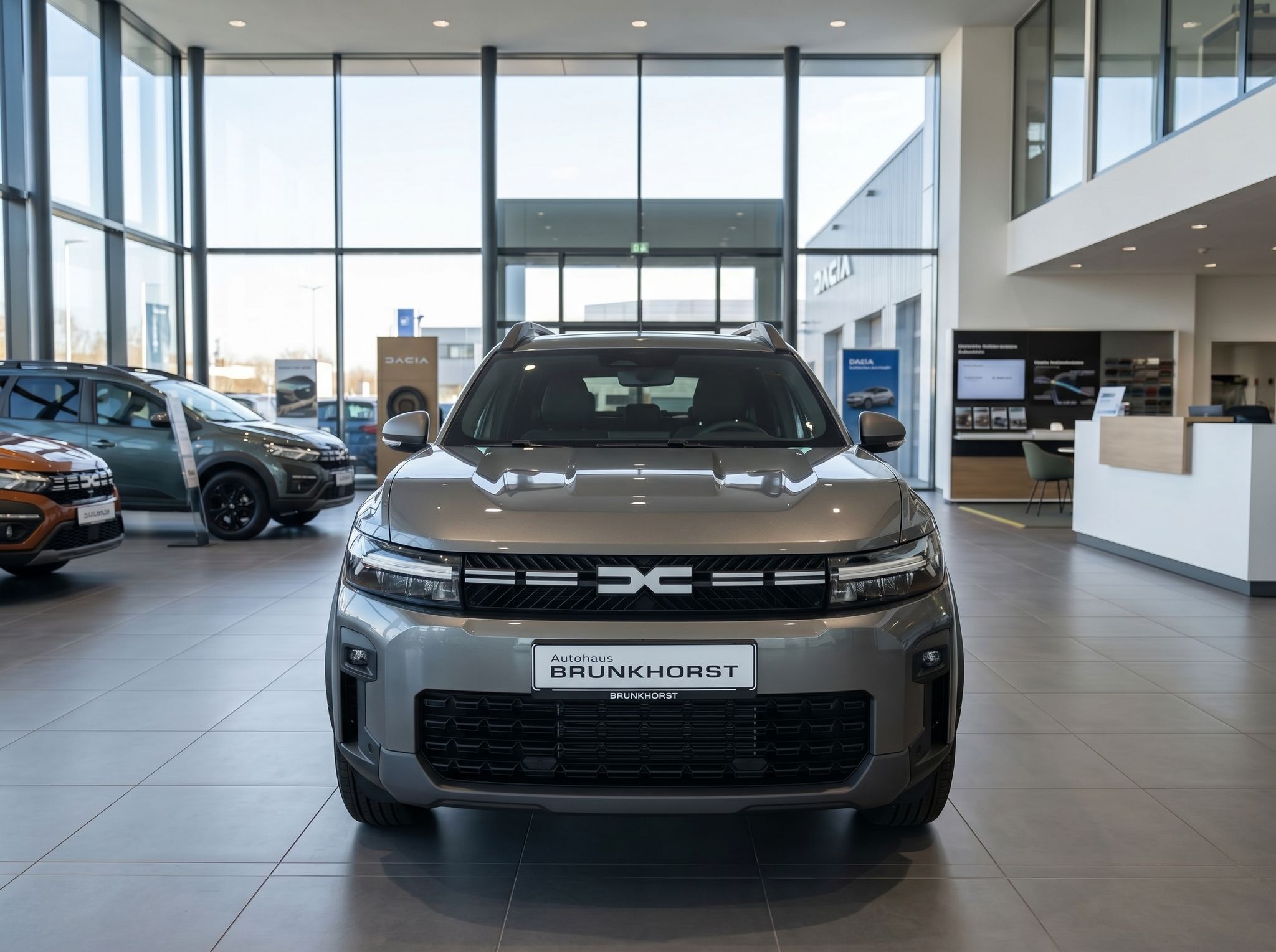 Dacia Bigster SUV Frontansicht grau - markanter Kühlergrill und LED-Scheinwerfer im Autohaus