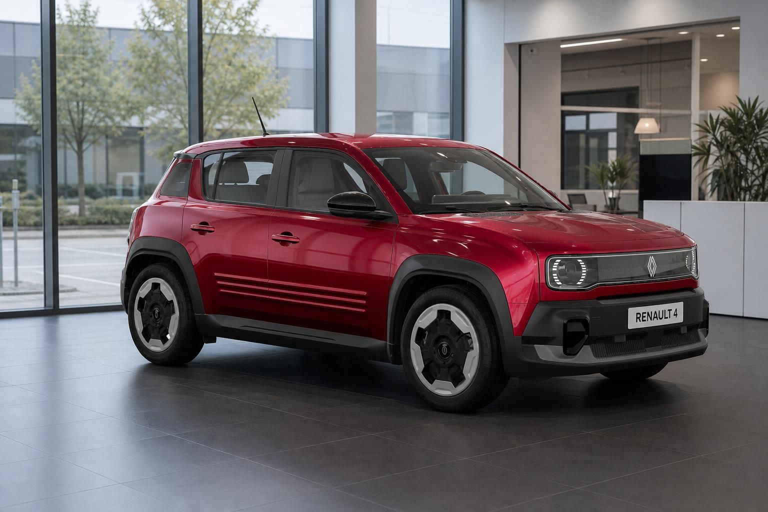 Roter Renault 4 Frontansicht im Autohaus Showroom