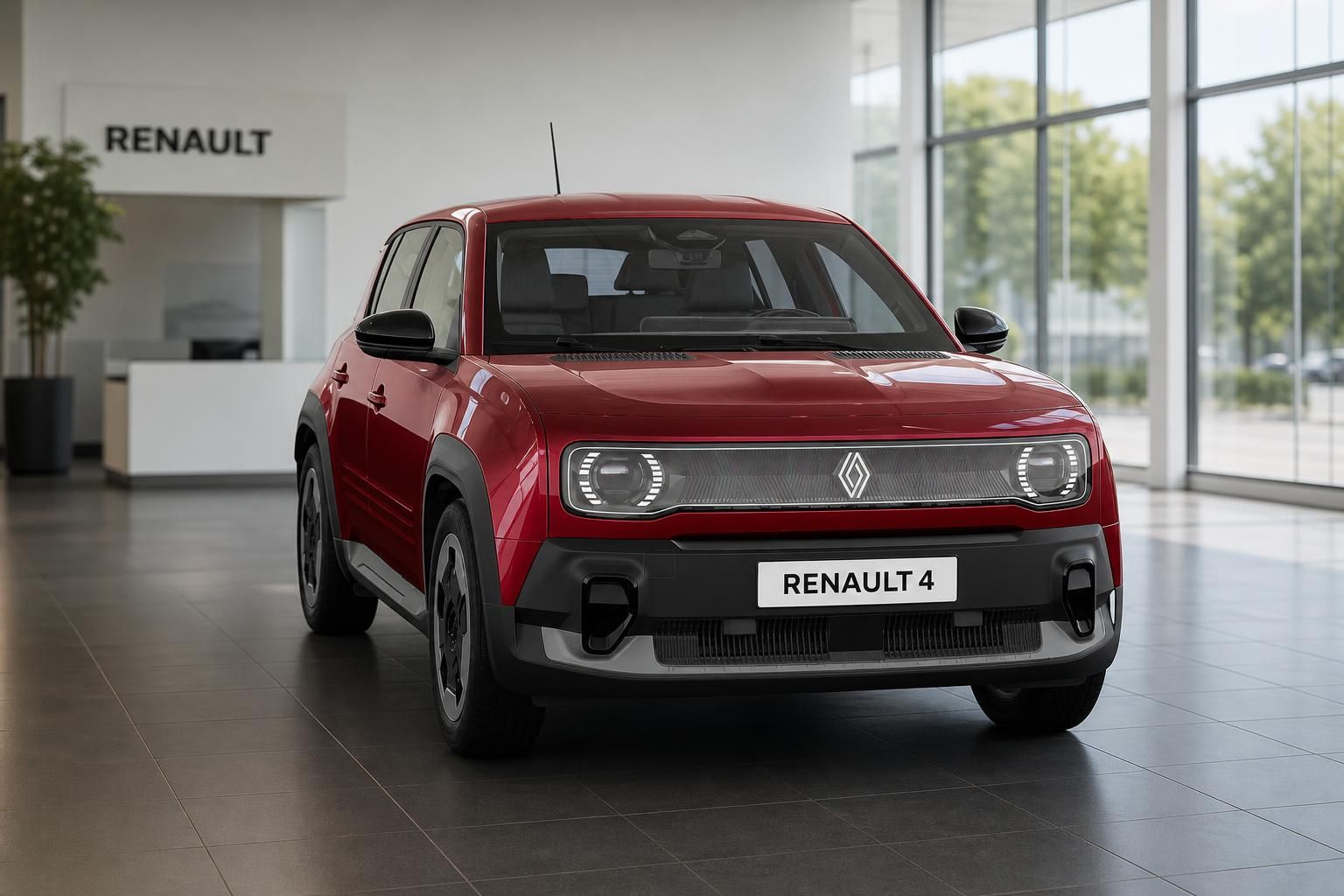 Roter Renault 4 E-Tech Elektro-SUV Frontansicht im Autohaus Showroom