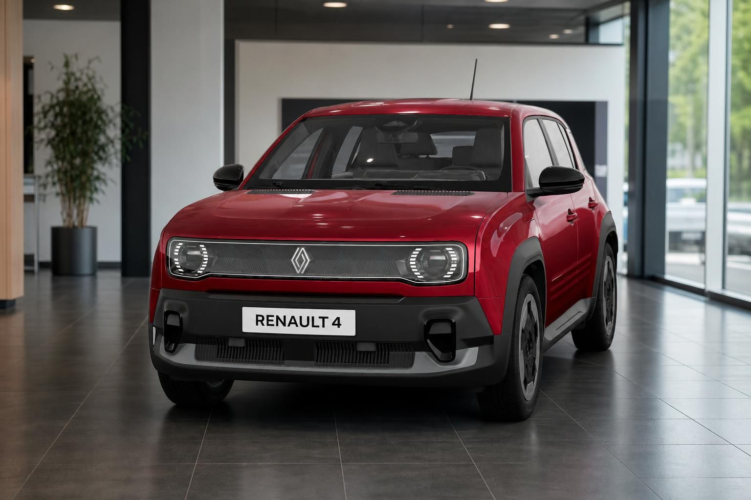 Renault 4 in Rot als Neuwagen im Autohaus, Frontperspektive im Showroom