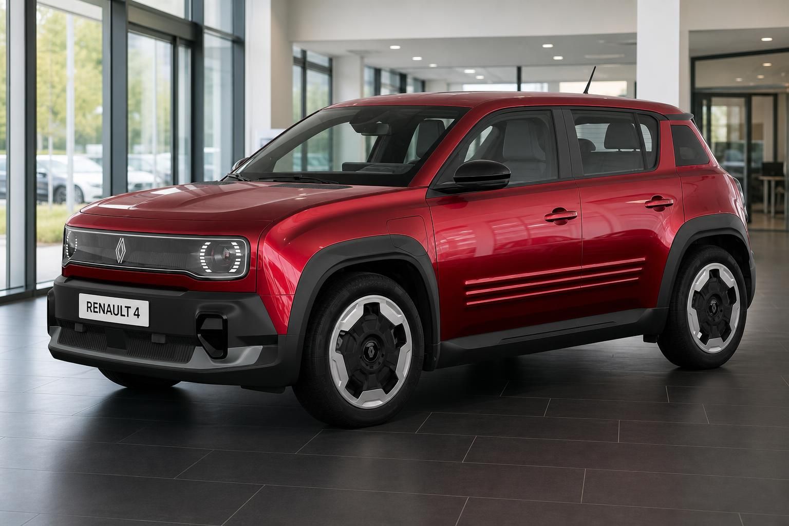 Roter Renault 4 E-Tech Frontansicht im Autohaus Showroom