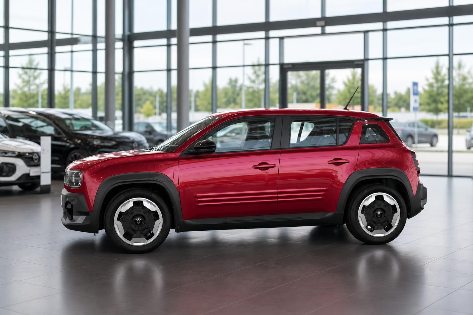 Roter Renault 4 E-Tech Seitenansicht im Autohaus