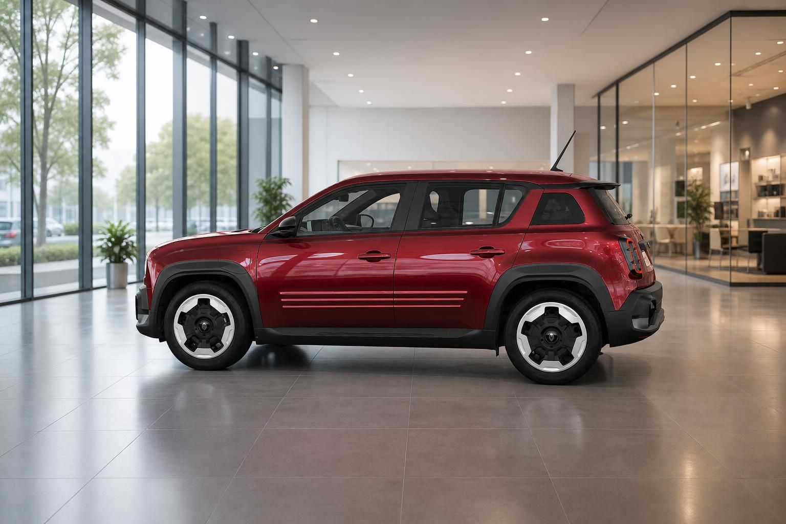 Roter Renault 4 E-Tech Seitenprofil in moderner Fahrzeughalle