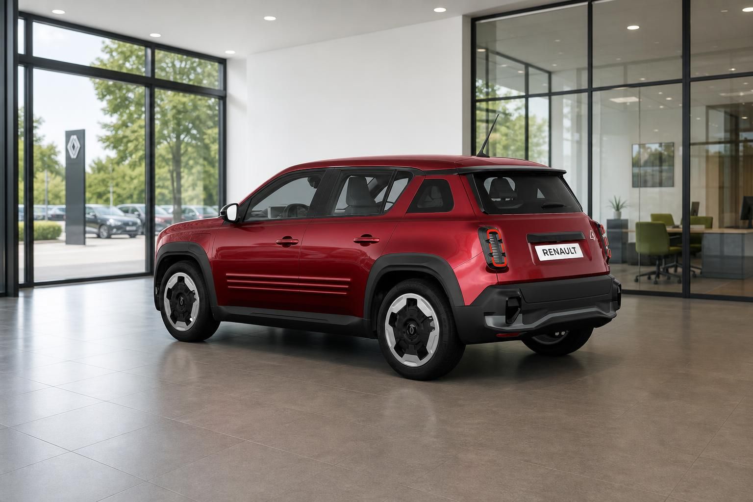 Roter Renault 4 Heckansicht im Autohaus Showroom