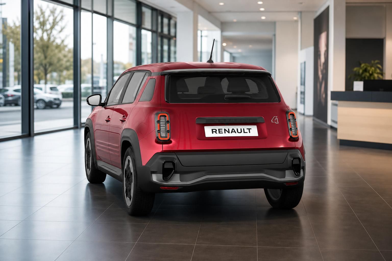 Roter Renault 4 E-Tech Heckansicht im Showroom des Autohauses