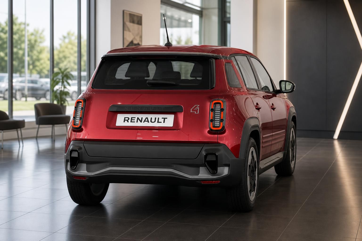 Roter Renault 4 E-Tech Heckansicht mit Rücklichtern im Autohaus