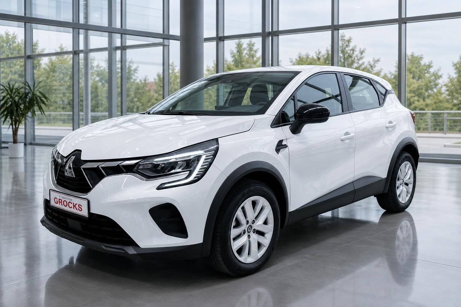 Renault Captur weiss Frontansicht Schraege im Autohaus – gepflegter Gebrauchtwagen bei Grocks