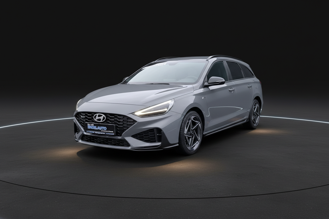 Grauer Hyundai i30 Kombi N Line Neuwagen mit LED-Scheinwerfern und Sportfelgen in Studioaufnahme bei Engelauto Händler kaufen