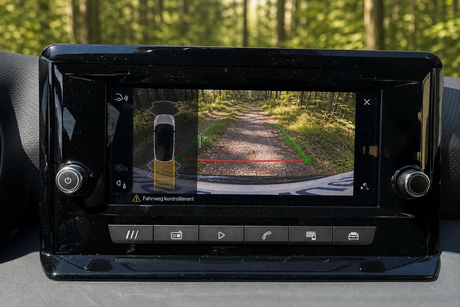 Fahrzeug Infotainment Display mit Rückfahrkamera und Einparkhilfe auf Touchscreen im Auto
