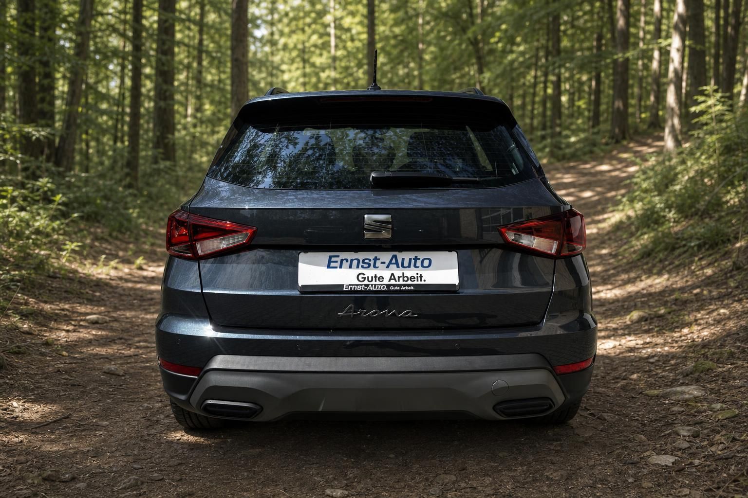 SEAT Arona SUV Heckansicht in grau metallic im Waldweg - Gebrauchtwagen bei Ernst-Auto