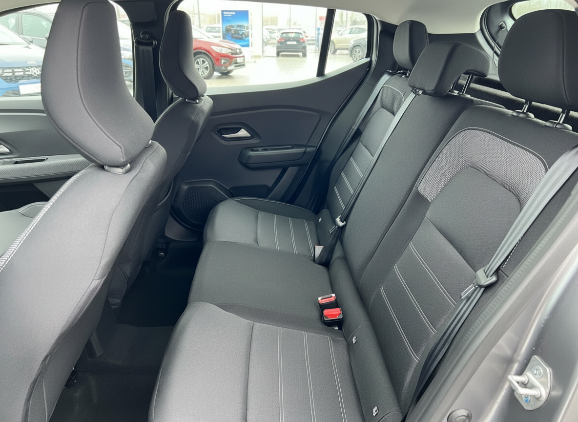 Fahrzeuginnenraum Rücksitzbank mit schwarzem Stoffbezug und weißen Ziernähten