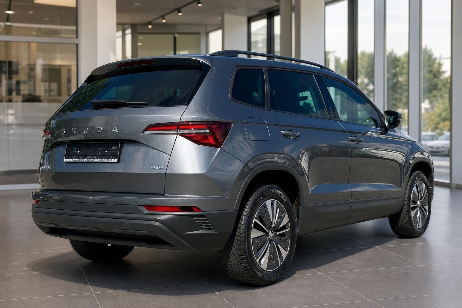 Skoda Karoq 4x4 SUV in grau, Heckansicht im Showroom
