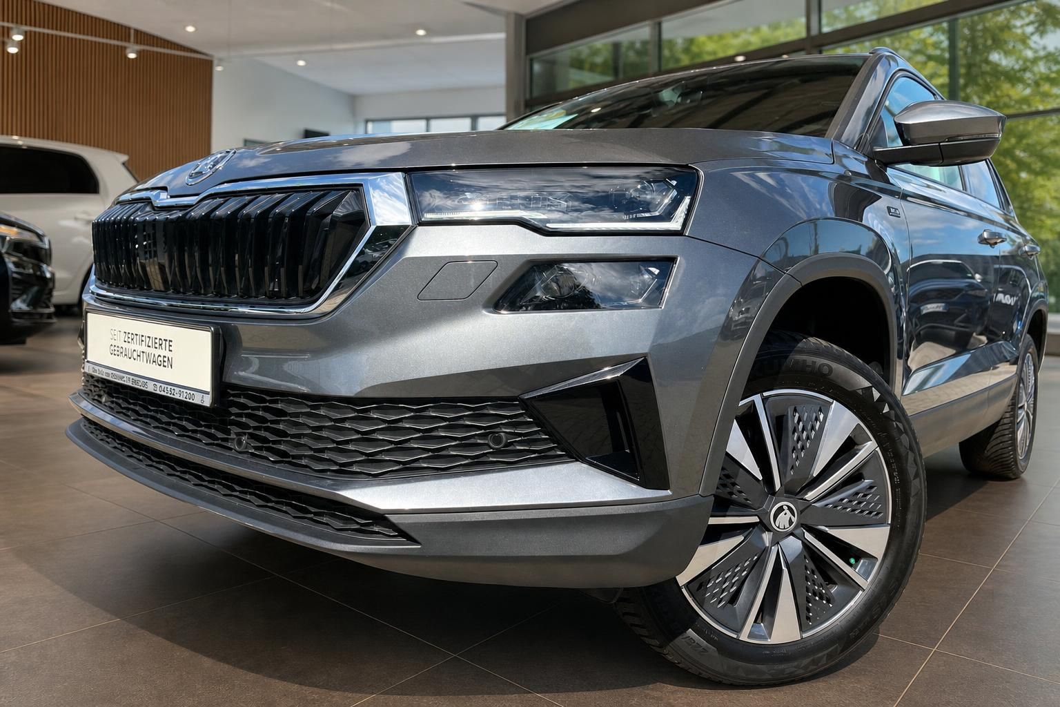 Škoda Karoq Frontansicht grau mit Kühlergrill und Alufelgen