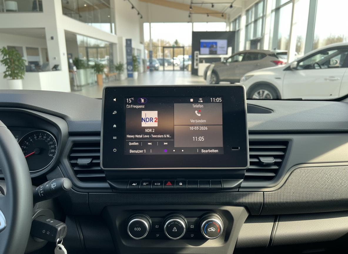 Renault Innenraum mit Infotainment-Display NDR 2 Radio und Telefon-Widget im Autohaus