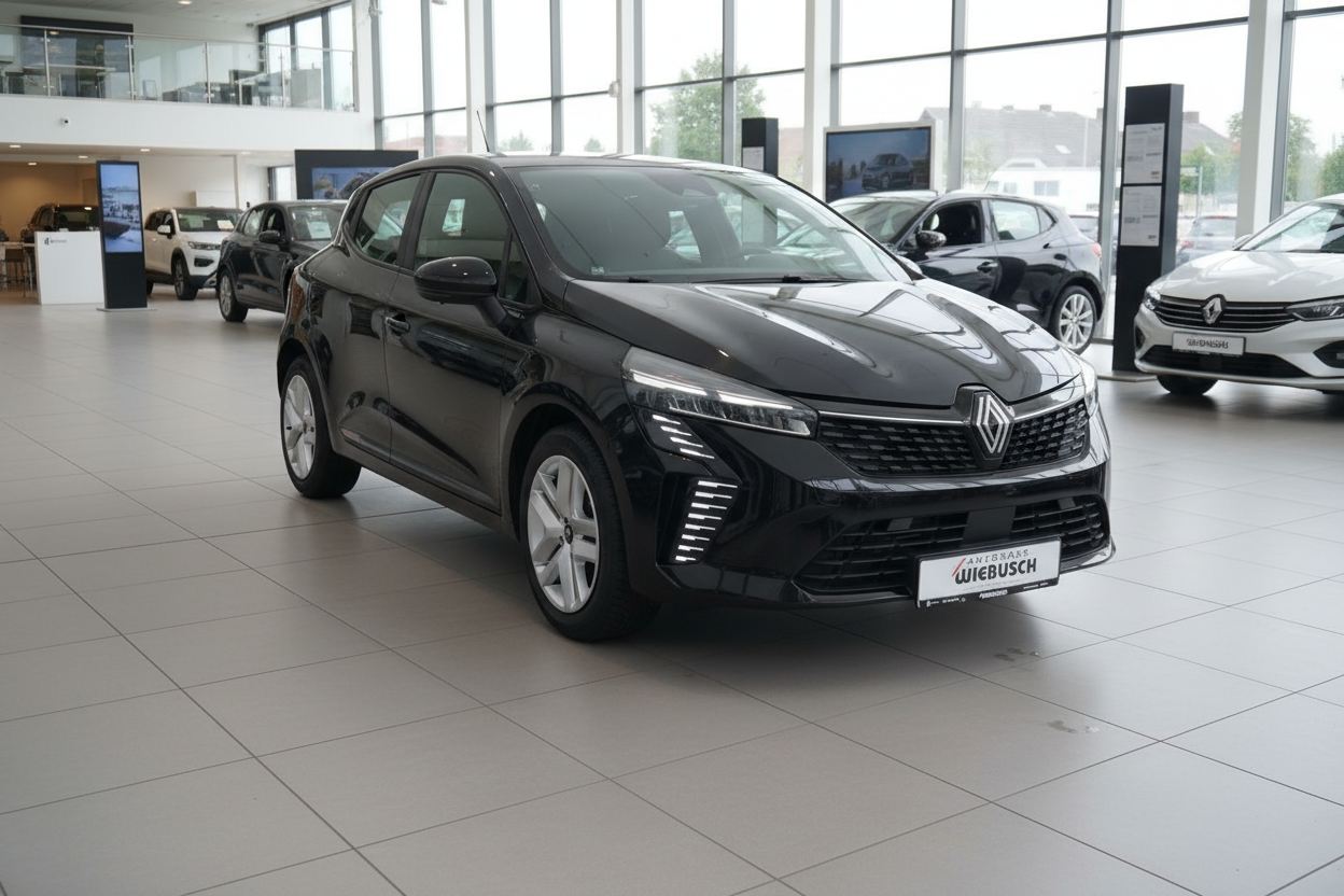 Schwarzer Renault Clio im Autohaus Wiebusch Showroom – Frontansicht schräg links