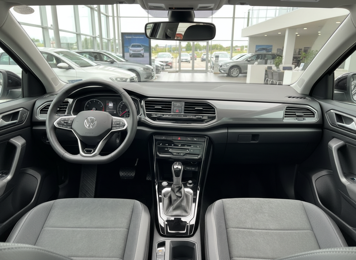 Volkswagen T-Cross Innenraum mit Lenkrad, Schaltgetriebe und grauem Stoffsitz im VW Autohaus