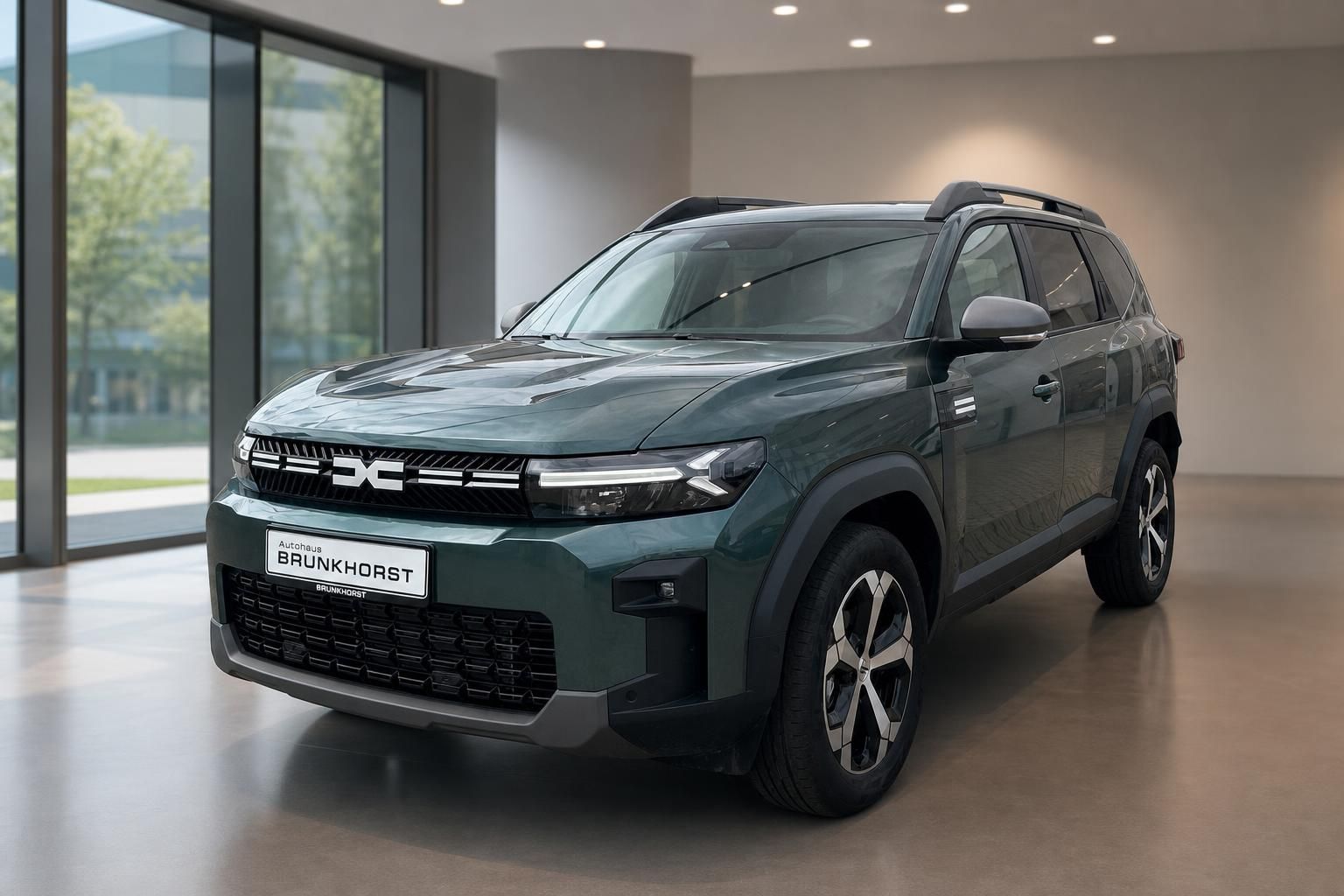 Dacia Bigster SUV Frontansicht grün metallic mit modernem Design im Showroom