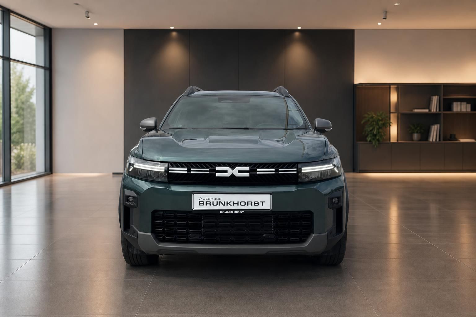 Dacia Bigster SUV Frontansicht grün mit LED-Scheinwerfern und markanter Kühlergrill