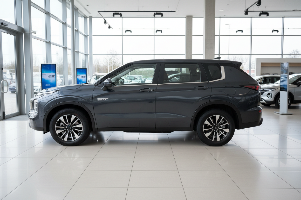 Mitsubishi Eclipse Cross EV grau metallic Seitenansicht im Autohaus Showroom