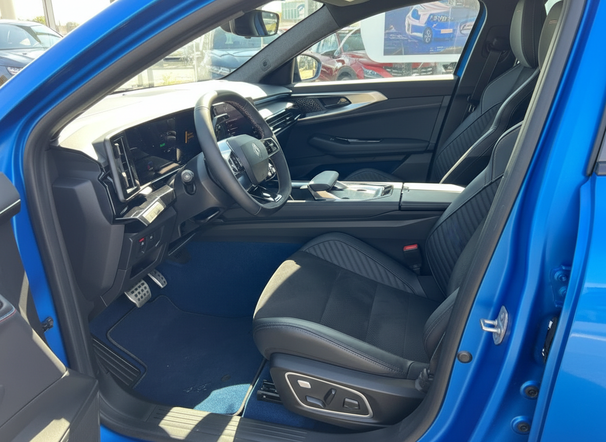 Renault Innenraum blau – Fahrersitz, Lenkrad und digitales Cockpit in schwarzem Sportdesign