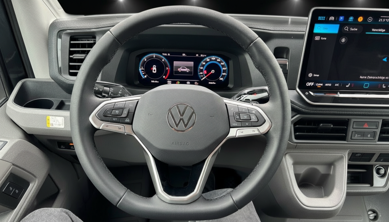 Volkswagen Crafter Innenraum mit Lenkrad, digitalem Cockpit und Infotainment-Display