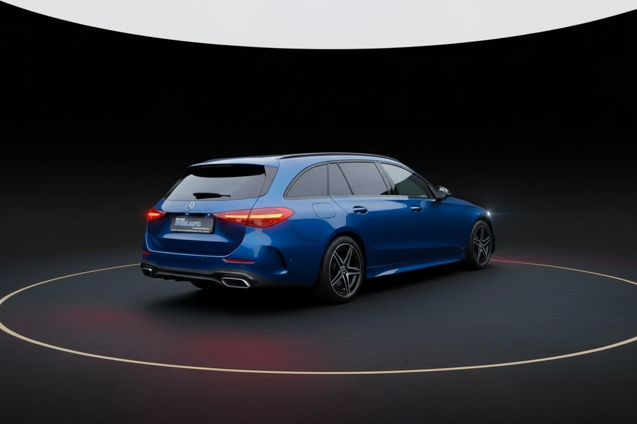 Mercedes-Benz C-Klasse T-Modell in Blau metallic, Heckansicht mit AMG-Line Ausstattung