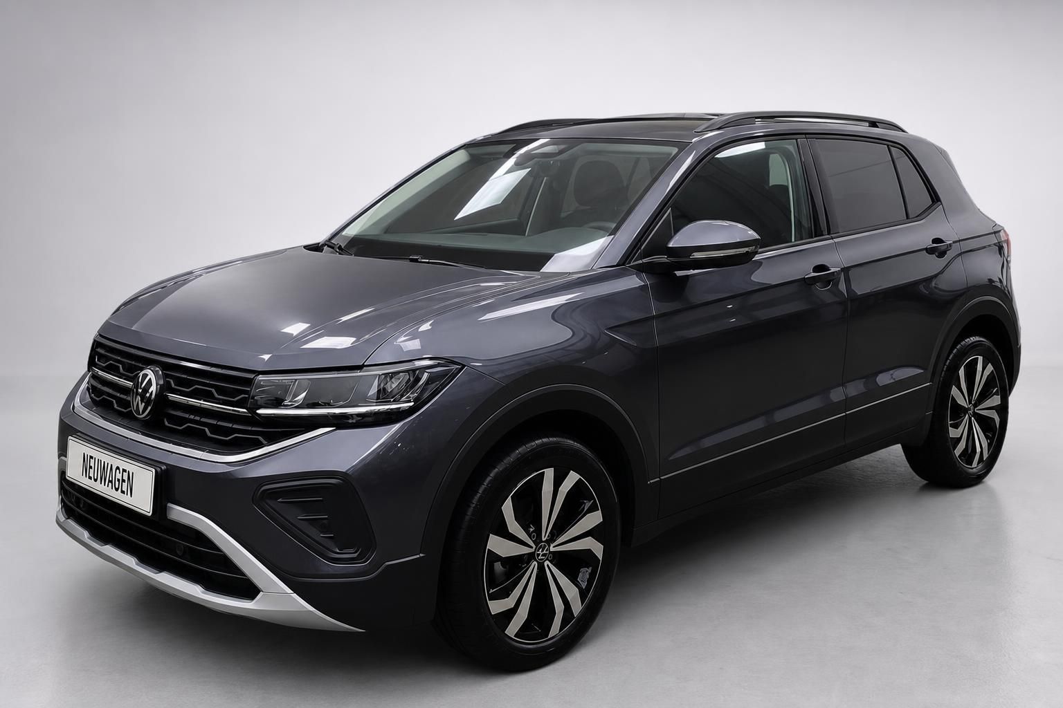 VW T-Cross Neuwagen in Dunkelgrau, Frontansicht schräg
