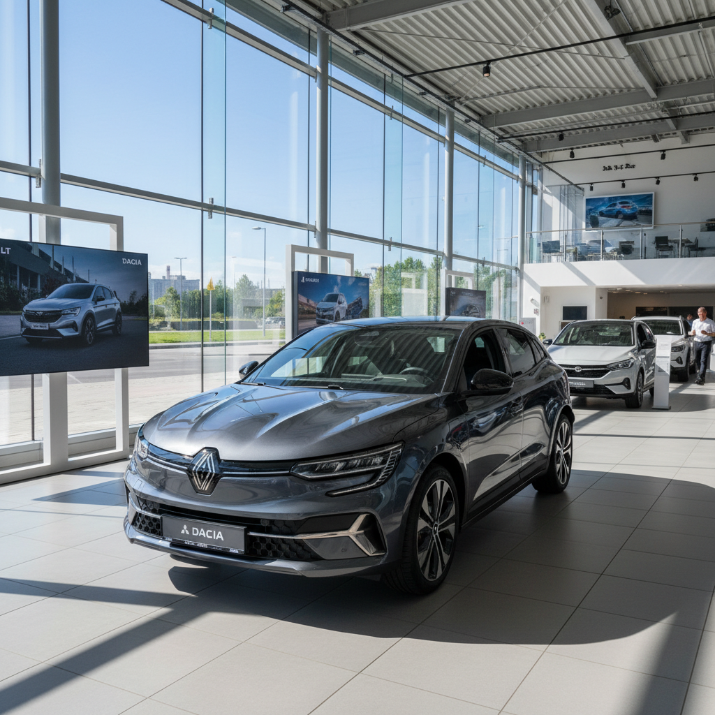 Renault Megane E-Tech grau metallic im Autohaus Showroom – Frontansicht