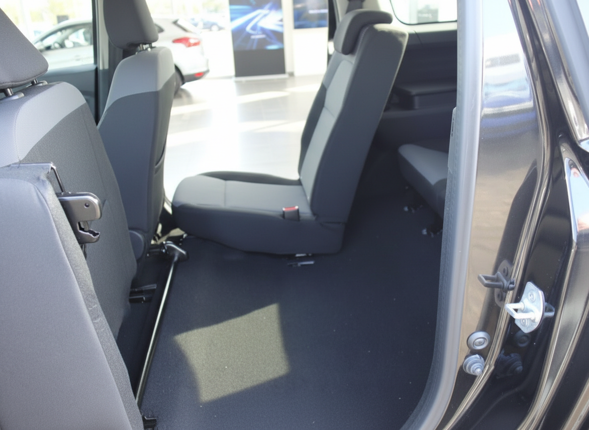 Fahrzeuginnenraum Rücksitzbank schwarz-grau mit geöffneter Schiebetür