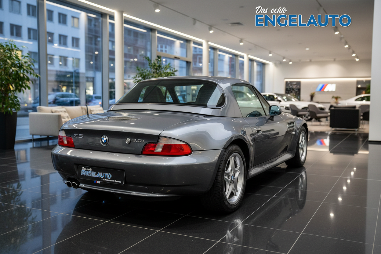 BMW Z3 3.0i Roadster in Grau metallic mit Hardtop in einem Autohaus - Heckansicht des klassischen Sportwagens mit Doppelendrohr-Auspuff und 5-Speichen-Felgen bei Engelauto