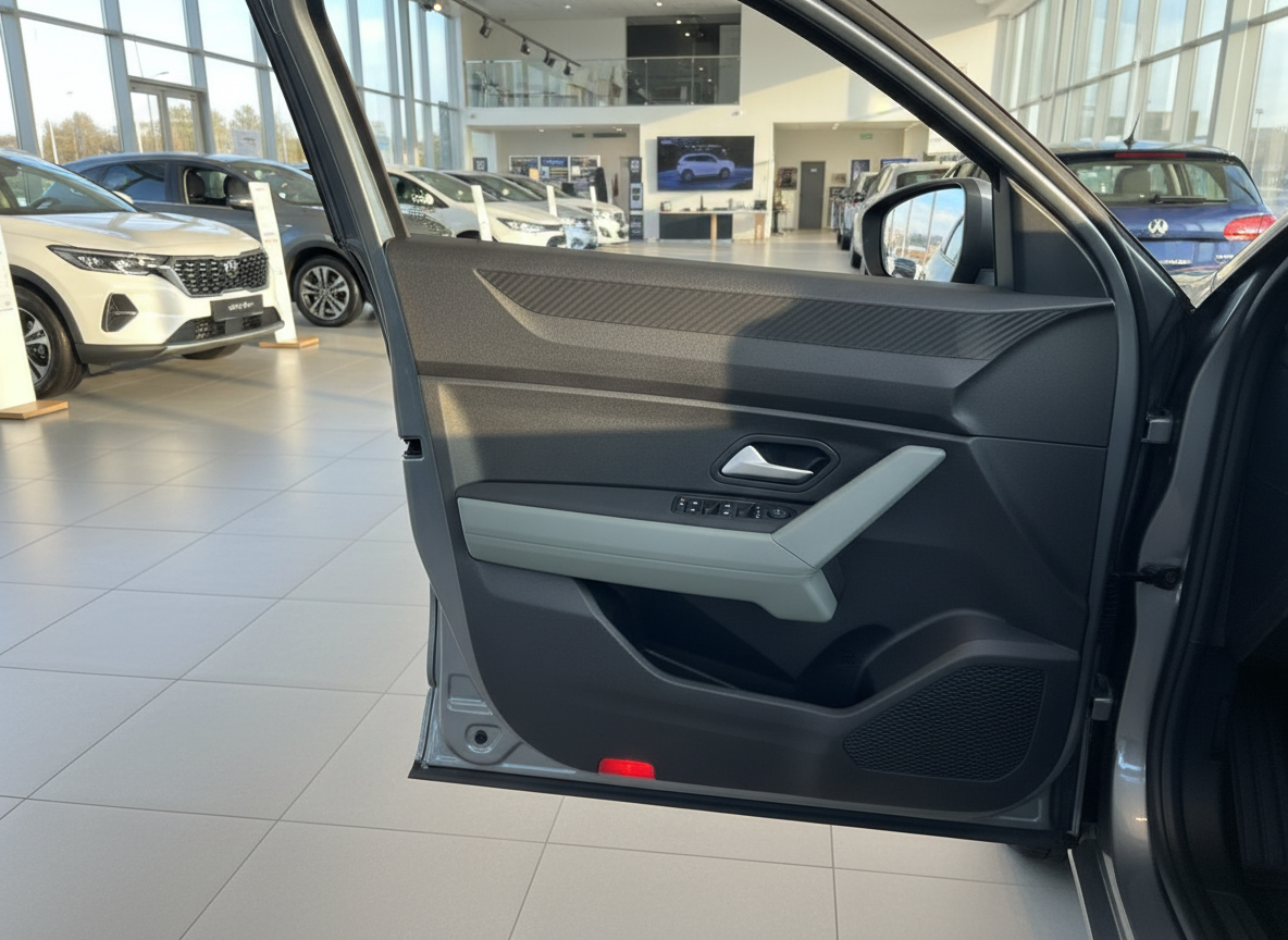 Geöffnete Fahrertür mit Innenverkleidung eines Fahrzeugs im Autohaus-Showroom