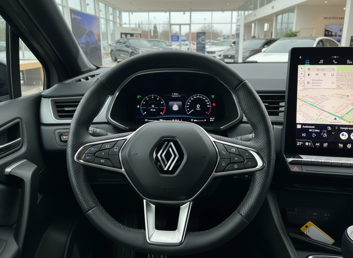 Renault Innenraum mit Lederlenkrad, digitalem Cockpit und großem Touchscreen-Navigationssystem