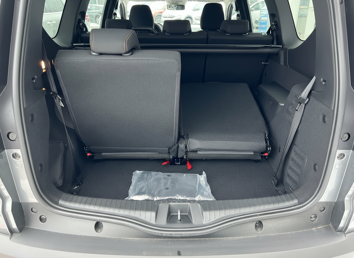 SUV Kofferraum mit umgeklappter Rücksitzbank und erweitertem Laderaum – Innenraumansicht