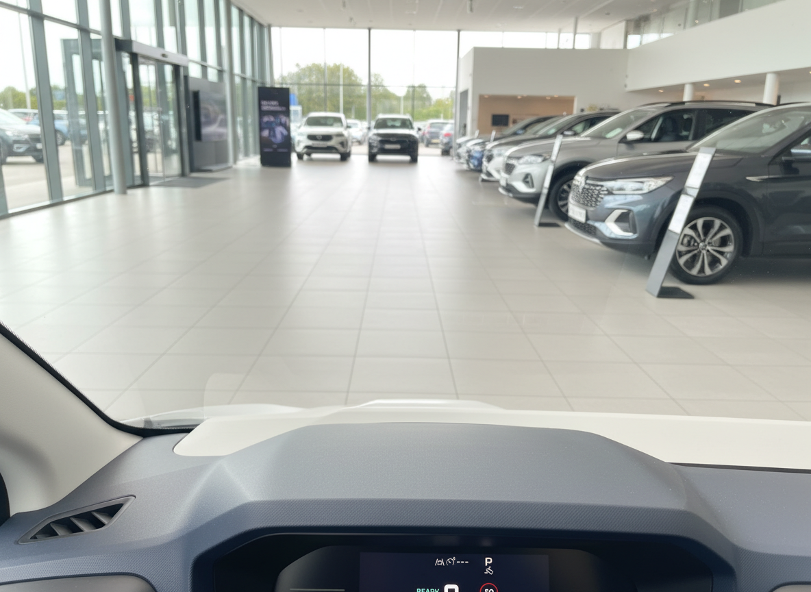 Blick aus dem Innenraum eines Elektrofahrzeugs in einem modernen Autohaus mit mehreren Ausstellungsfahrzeugen