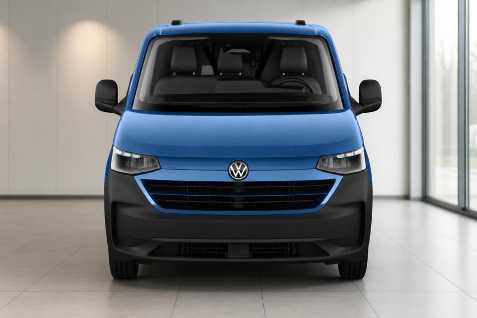 VW Transporter blau Frontansicht mit VW Logo und LED-Scheinwerfern