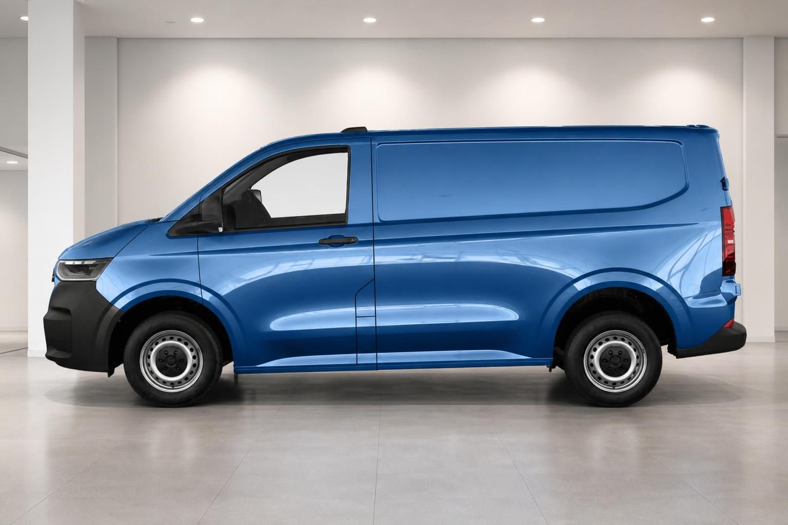 VW Transporter blau Seitenansicht, kompakter Kastenwagen Profil