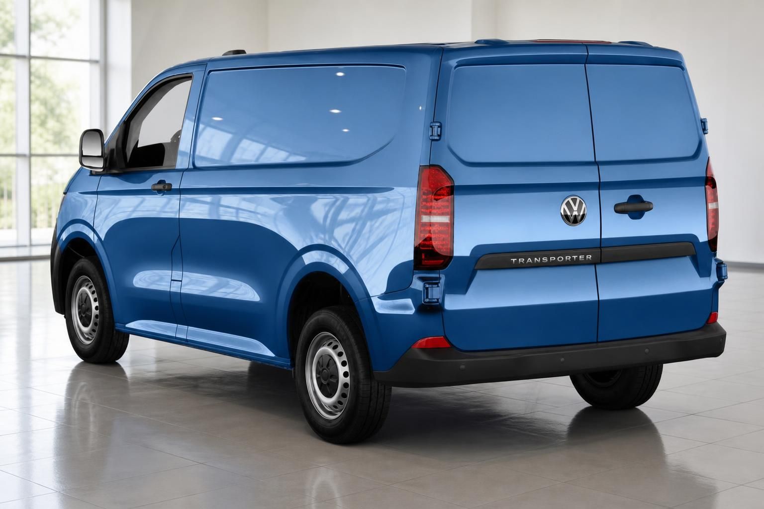 VW Transporter blau Heck-Seitenansicht im Showroom, Kastenwagen