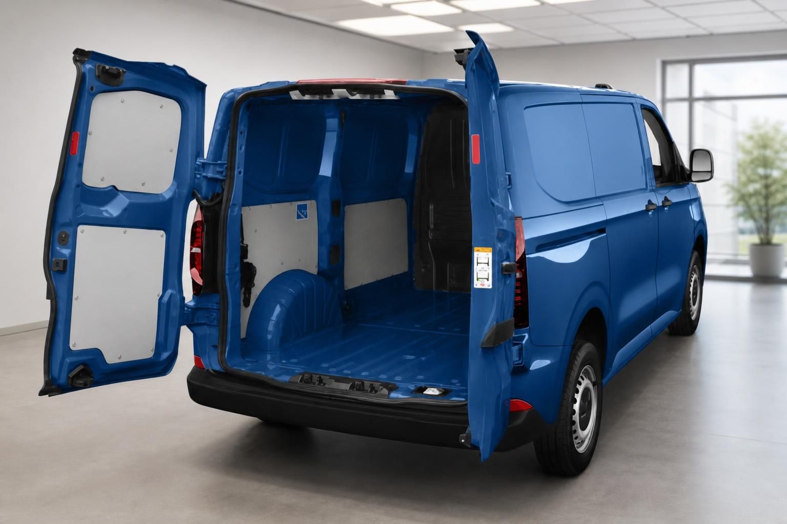 Blauer Transporter mit geoeffneten Hecktueren und leerem Laderaum