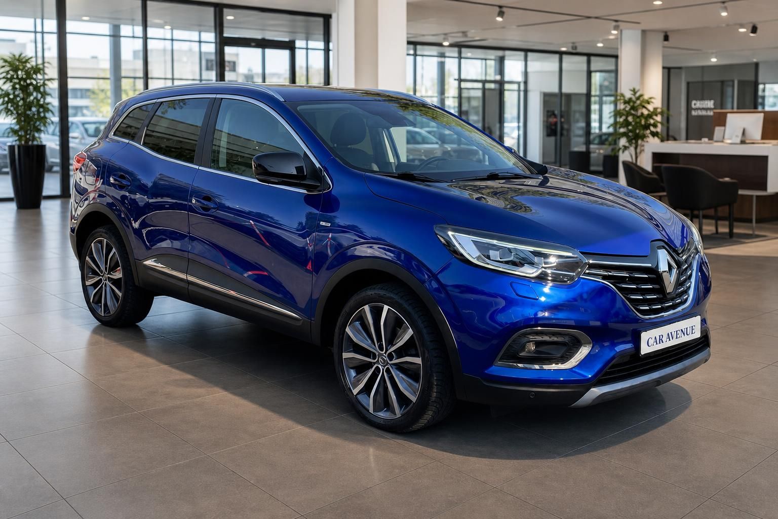 Renault Kadjar blau Frontansicht mit Kuehlergrill im Autohaus